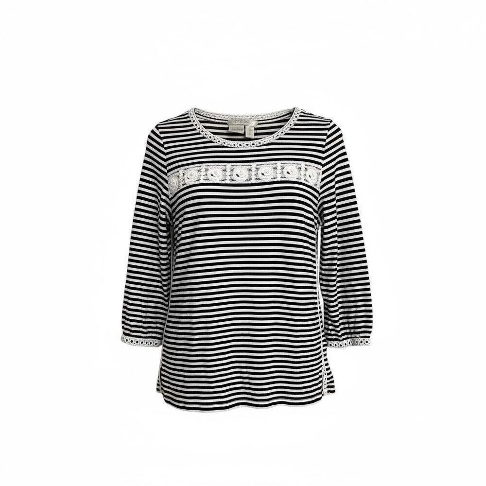Chico's Striped Modal Blend Lace Long Sleeve T Shirt Black White Size Medium